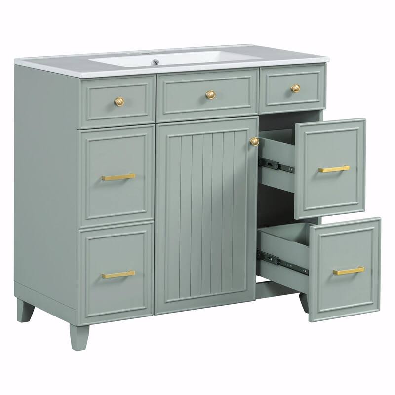 36" Bathroom Vanity with Ceramic Sink, Blue, Solid Wood Frame, Soft-Close Doors, Adjustable Shelves