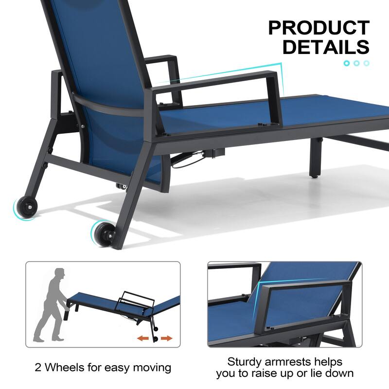 Outdoor Aluminum Patio Lounge Chair Set Side Table and Chaise Lounges with Wheels