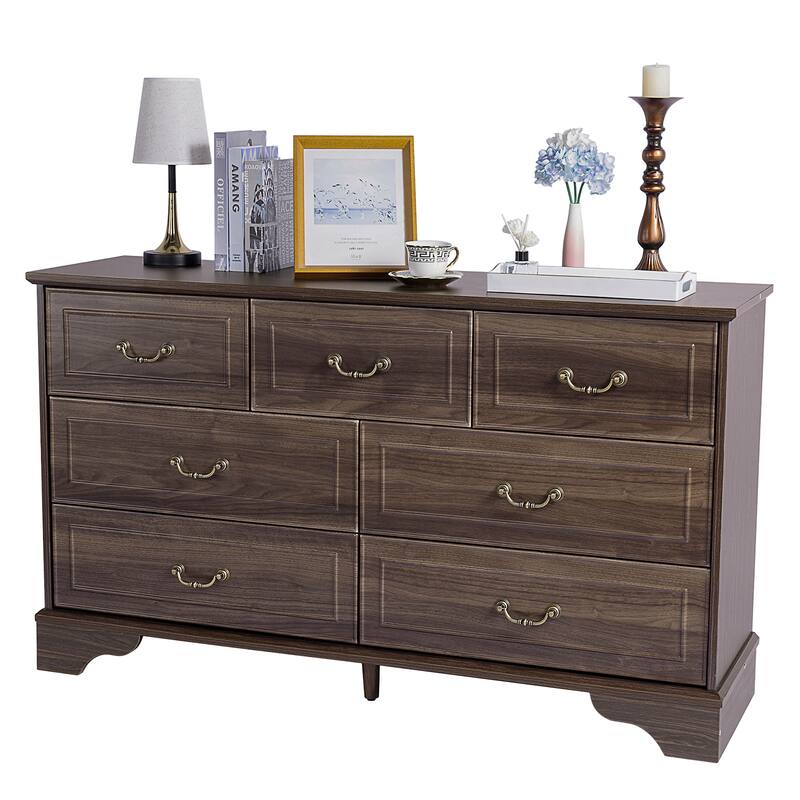 7-Drawer Double Dresser Brown P2 MDF Wood, Spacious Storage for Bedroom, Living Room, or Entryway