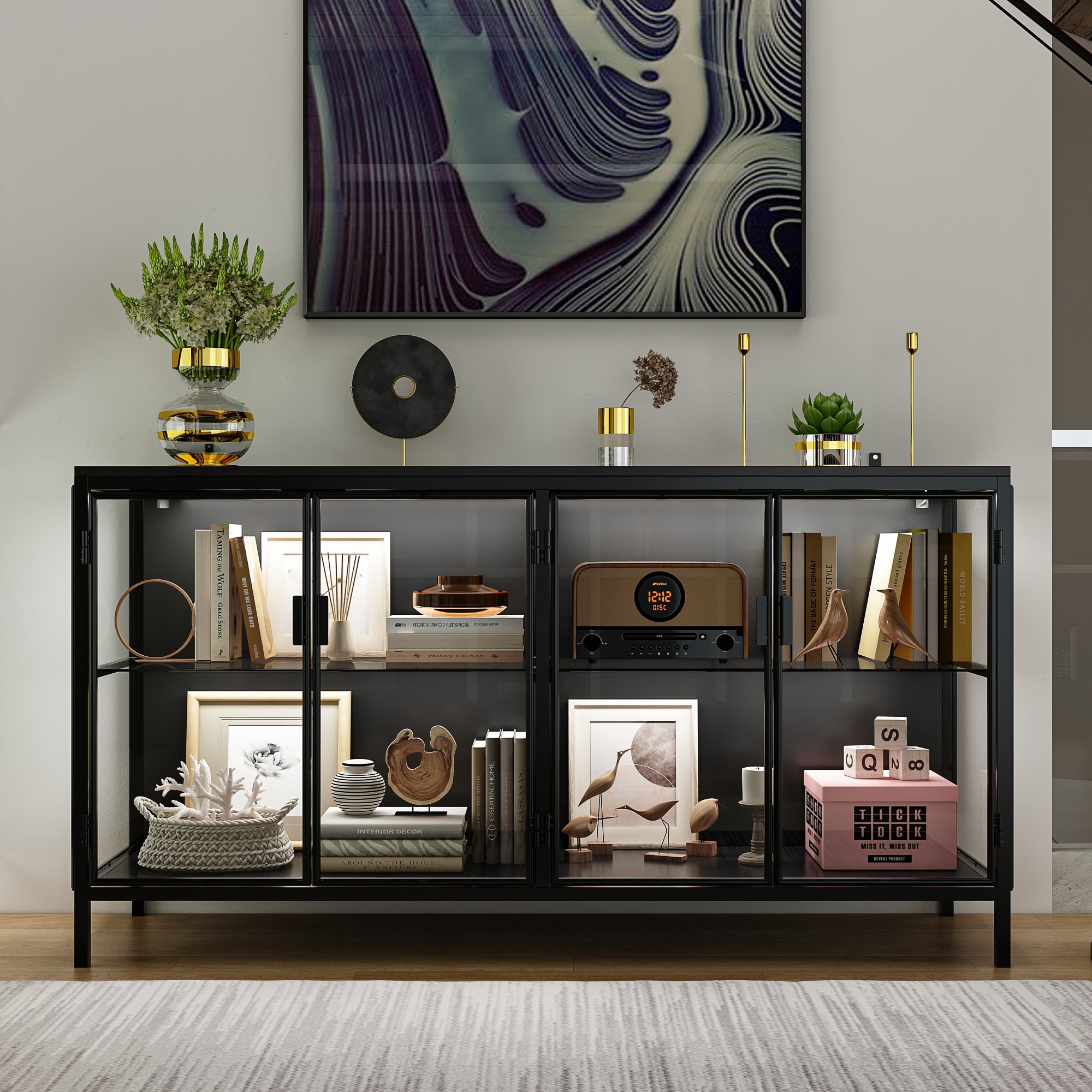 Black Metal Glass Display Cabinet with LED Lights Accent Cabinet 55.1 W On Sale Bed Bath Beyond 39860301