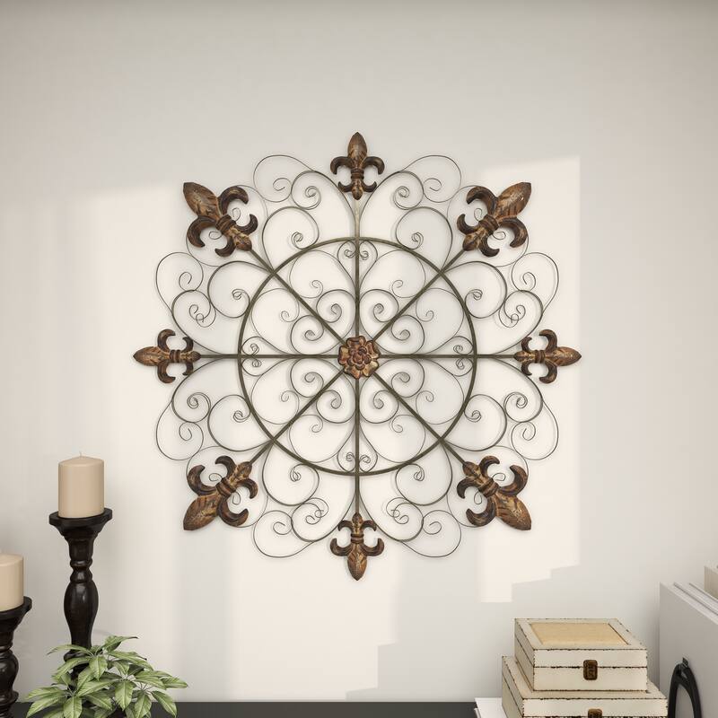 Brown Metal Medallion Fleur De Lis Home Wall Decor with Detailed Scrollwork
