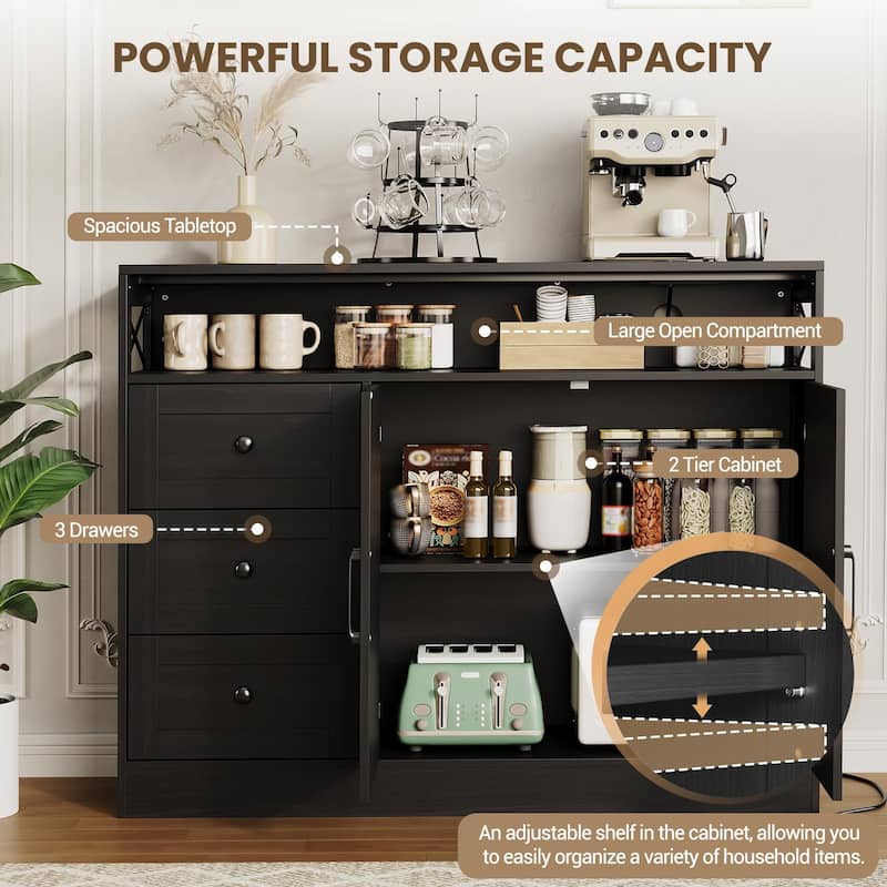 47inch Farmhouse Buffet Sideboard Cabinet, Wood Cupboard Storage Pantry Cabinet with Drawers, Coffee Bar Station Table