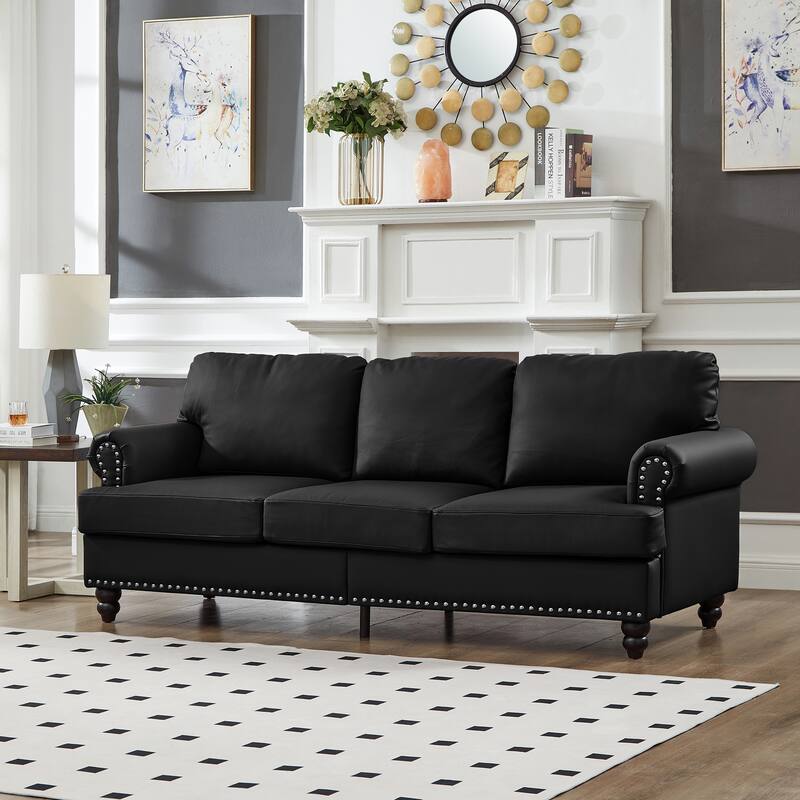 83" Modern Classic Design With Nails Sofa Leather Couch,Upholstered Imitation Cowhide Leather