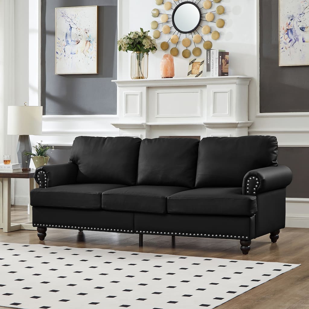 Leather Upholstered 3 Seater Sofa, Deep Seat Sofa with Storage, Lounge Sofa Chair with Nailhead Trim & Rolled Armrests