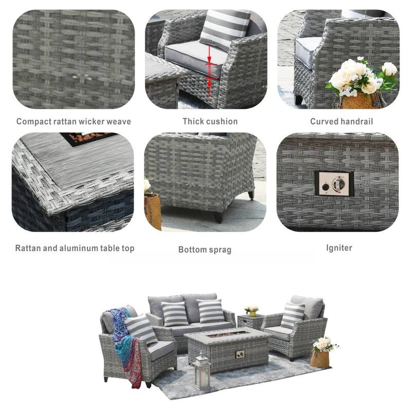 Braylee Loveseat Rattan Sofa Cushioned Set with Firepit Table