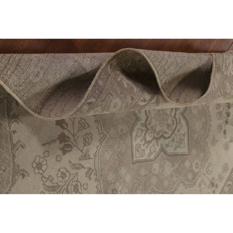 Distressed Beige Tabriz Persian Vintage Rug Hand-Knotted Wool Carpet - 6'4"x 9'3"