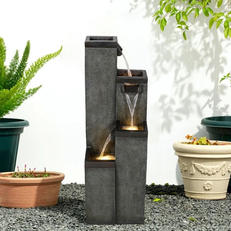 39.3IN Water Fountain Outdoor Modern Floor-Standing Fountain w/Lights - Polyresin - Floor - Grey