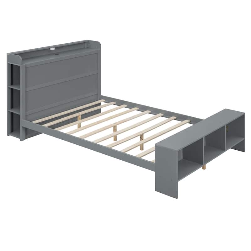 HomeRoots Gray Wood Full Bed Frame With LED Lighting And USB