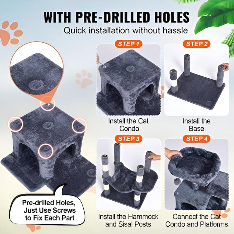 7-Level Cat Tree Tower, 63" Multi-Cat Condo with Hammock & Perch