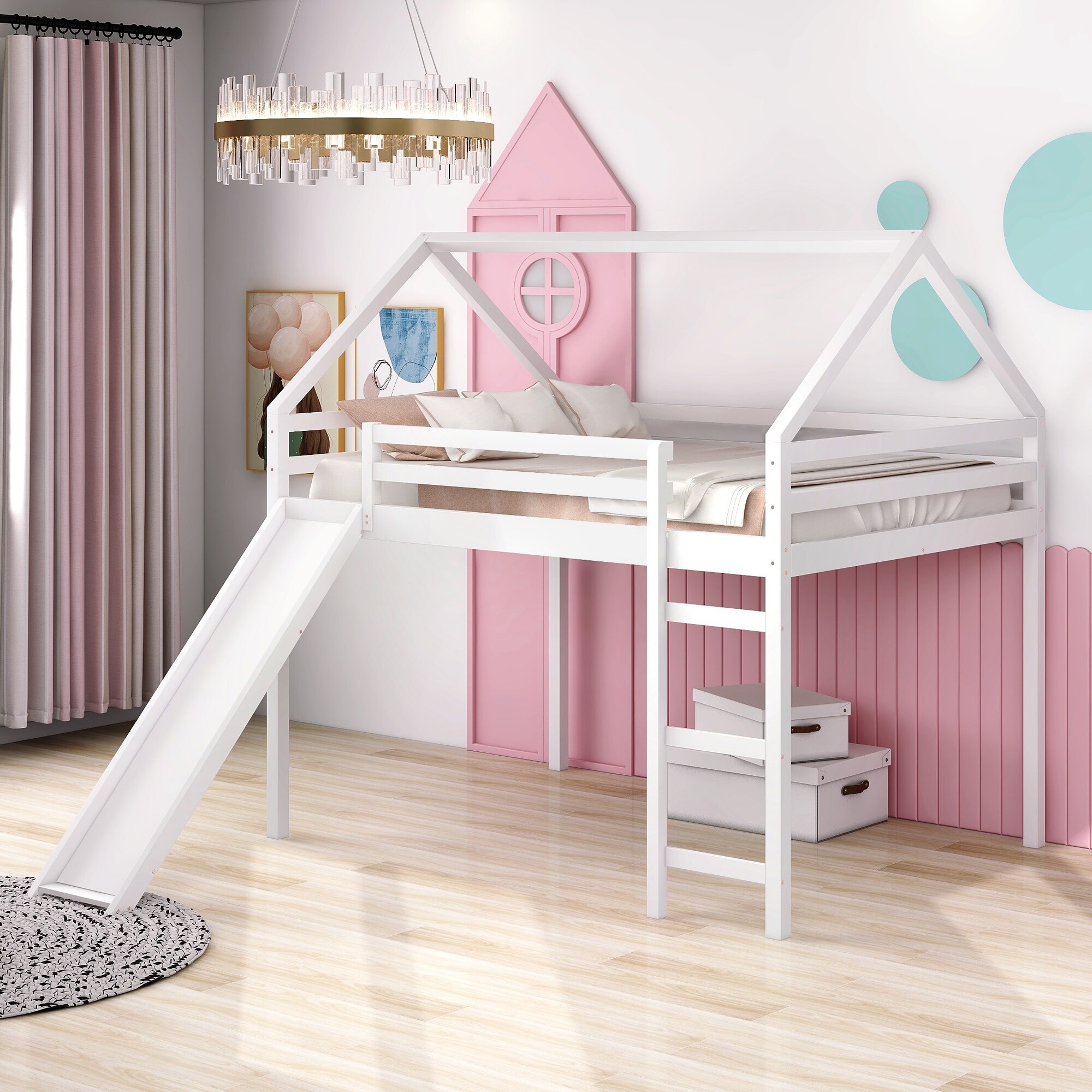 Treehouse Style Full Size Loft Bed with Slide Ladder Solid Wood Slats Support Lounge Adorable Space for Kids Bedroom