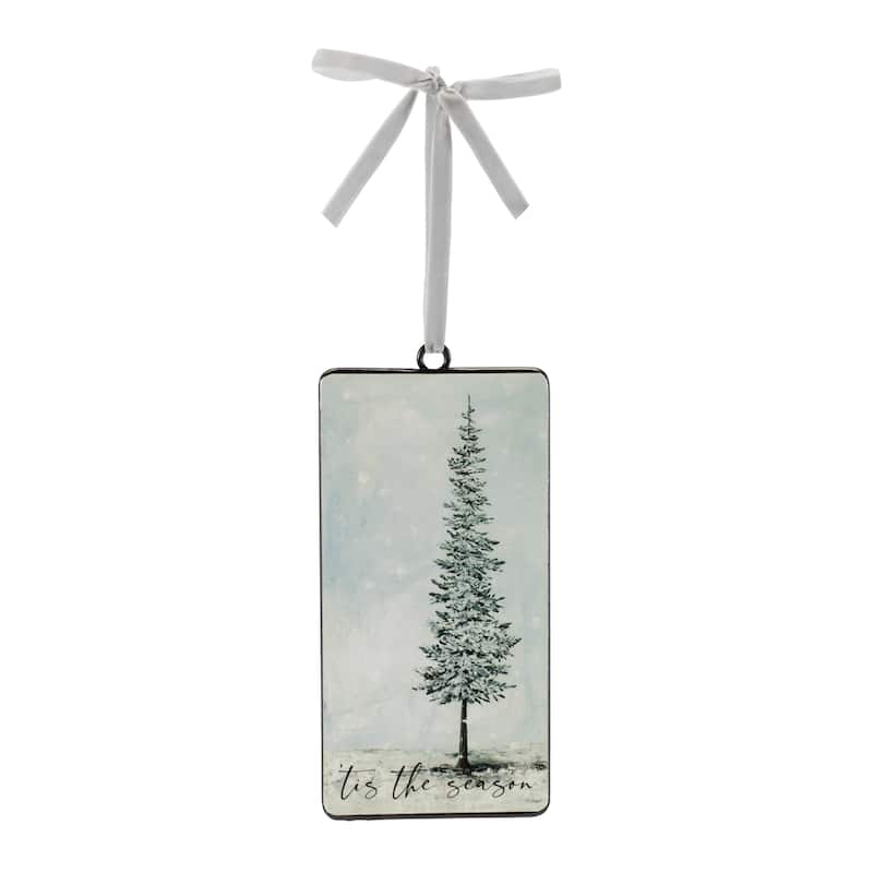 Set of 12 Beige Green Rustic Pine Tree Christmas Ornaments for Winter Hanging Holiday Decor with Ribbon - 4.25”L x 0.5”W x 8.5”H
