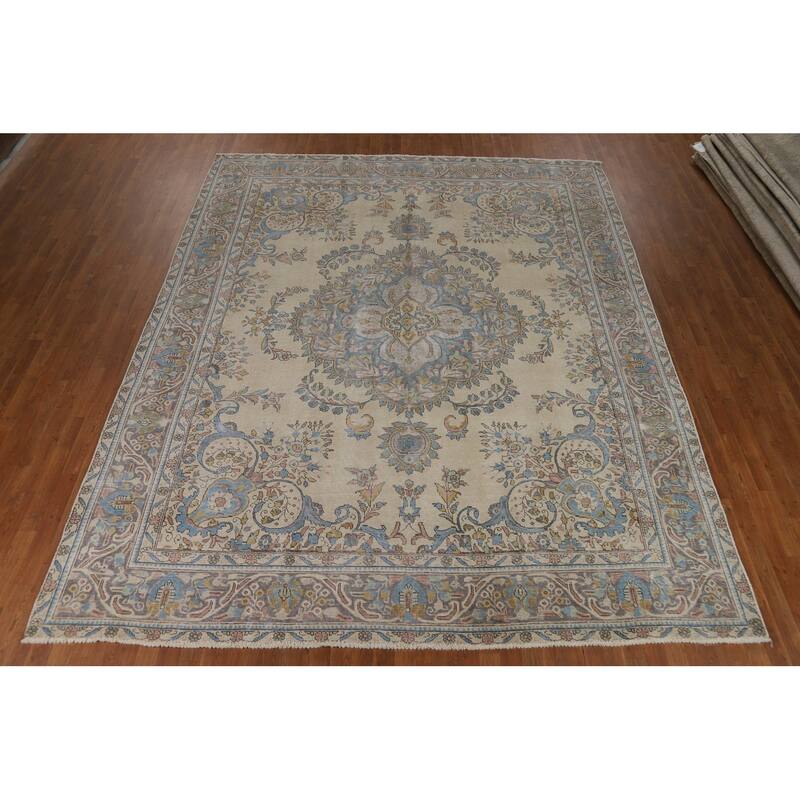 Traditional Tabriz Persian Area Rug Handmade Beige Wool Carpet - 10'0"x 12'5"