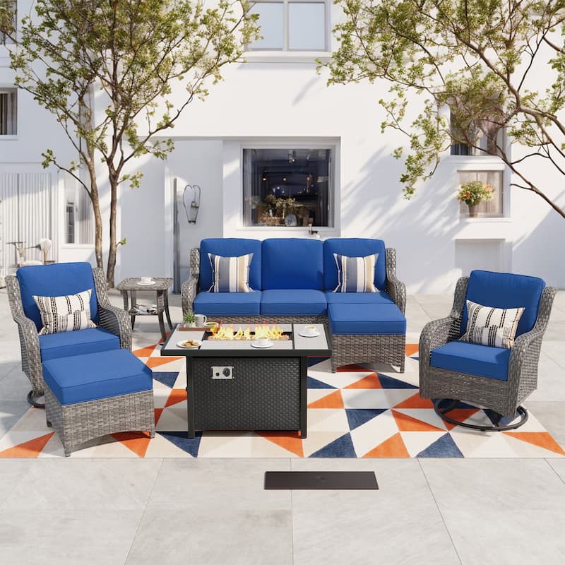 OVIOS 7-piece Patio Swivel Chair Set with 42" Fire Table - Navy Blue-Grey Wicker