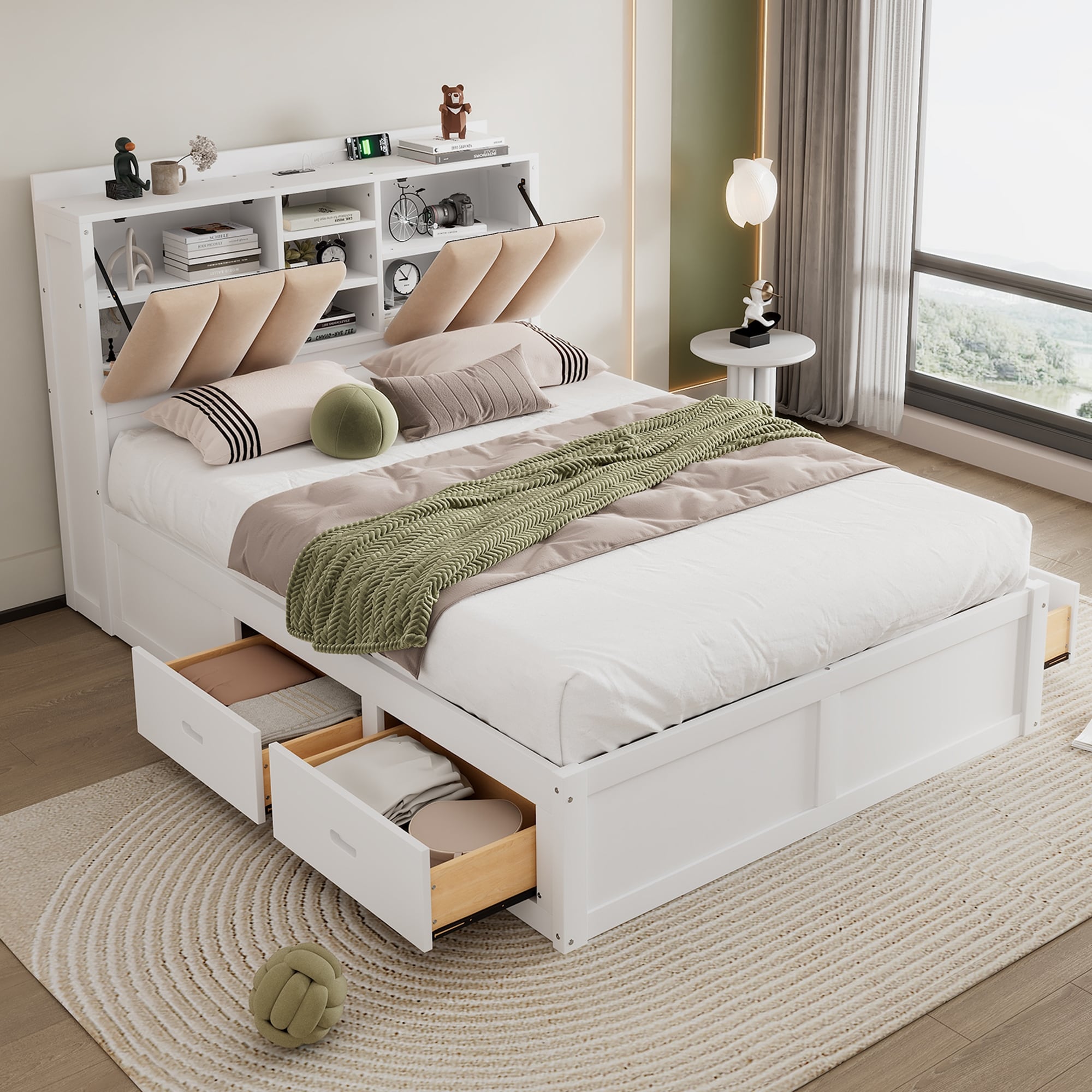 White Full Size Wood Bed with Built in Shelves Headboard Frame Bookcase Bed 4 Drawers Storage Bed 2 Flip top Upholstered Back