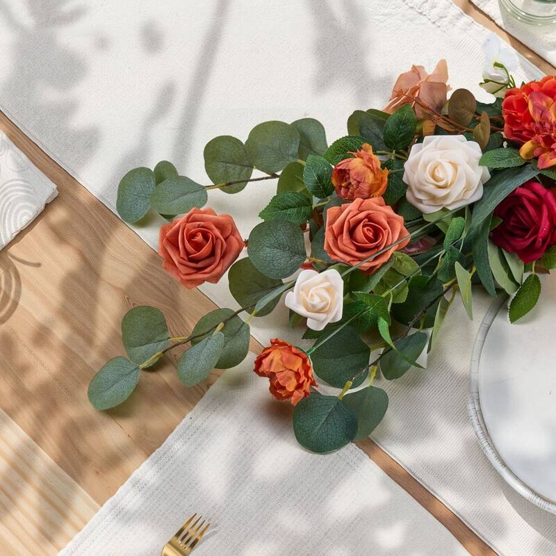 Orange Silk Rose Centerpieces Set of 4 with Wood Base for Weddings - 17.7 x 9.8 x 9.8 inch