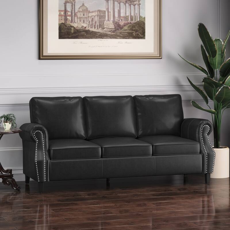 Black Faux Leather 3 Seater Sofa 80x34x37 Inches Contemporary Design