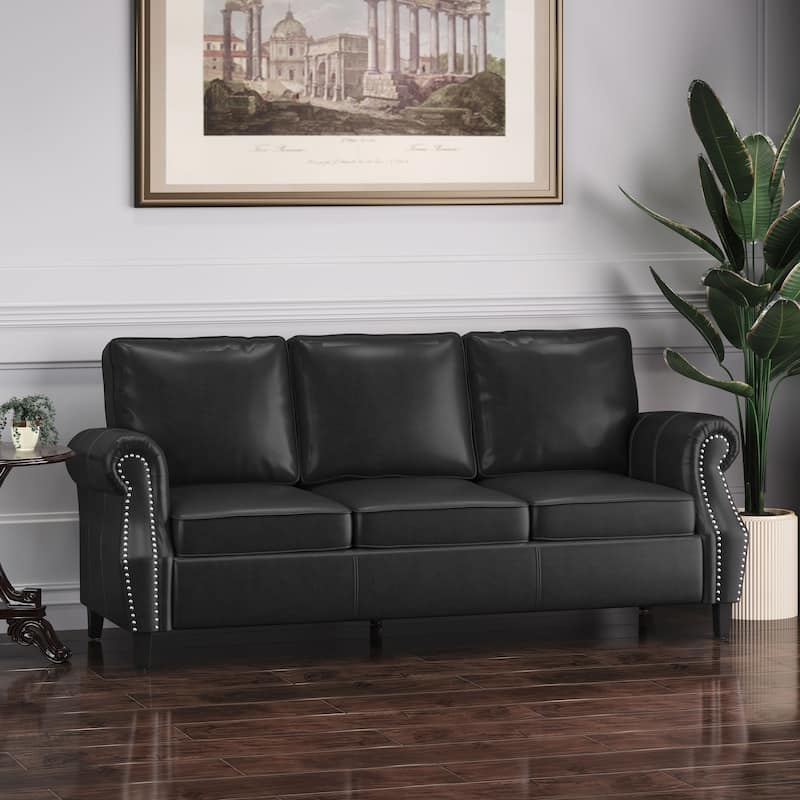 Roomfitters 3 Seater Classic Faux Leather Sofa with Rolled Arms and Nailhead Trim for Living Room or Study - Black