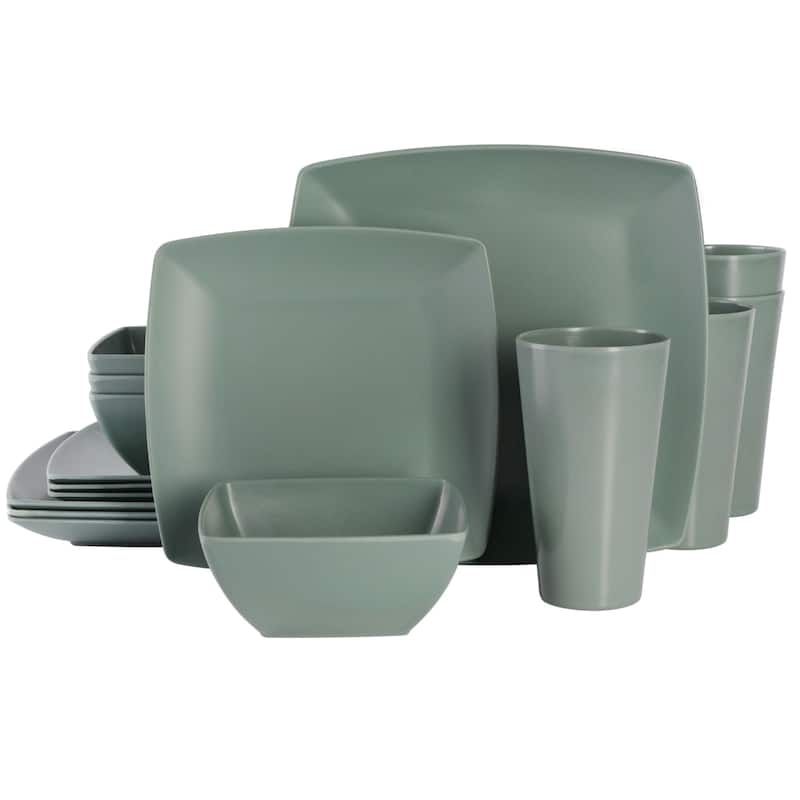 Gibson Home Soho Grayson Square Melamine Dinnerware Set, Service for Four (16pcs), Grey - Sage Green