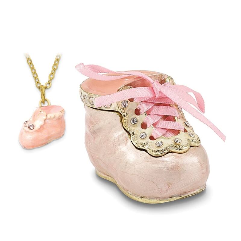 Curata Pewter Crystals Gold-Tone Enameled ItS a Girl Pink Baby Bootie Trinket Box on 18 Inch Necklace