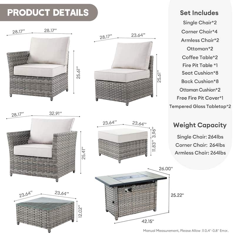 XIZZI 13-piece Patio Furniture Outdoor Wicker Sectional Set with Fire Pit