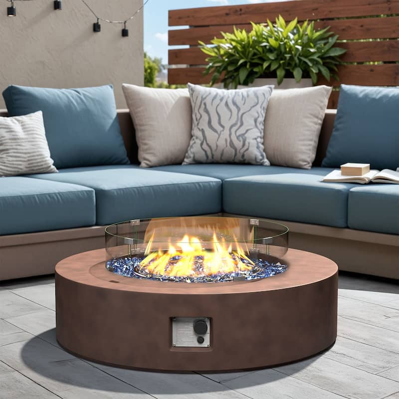 SUNBURY 42''Round Propane Fire Pit w Wind Guard and Fire Glass - Brown+Lake Blue Fire Glass