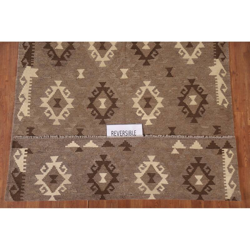 Hand Woven Oriental 100% Wool Carpet Southwestern Geometric Brown Kilim Area Rug - 6' 5'' X 5' 2''