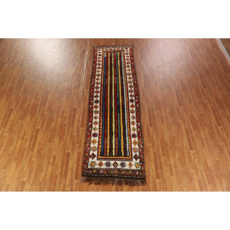Hand Knotted Oriental 100% Wool Carpet Modern Geometric Multi-Colored Gabbeh Runner Rug - 11' 11'' X 3' 7''