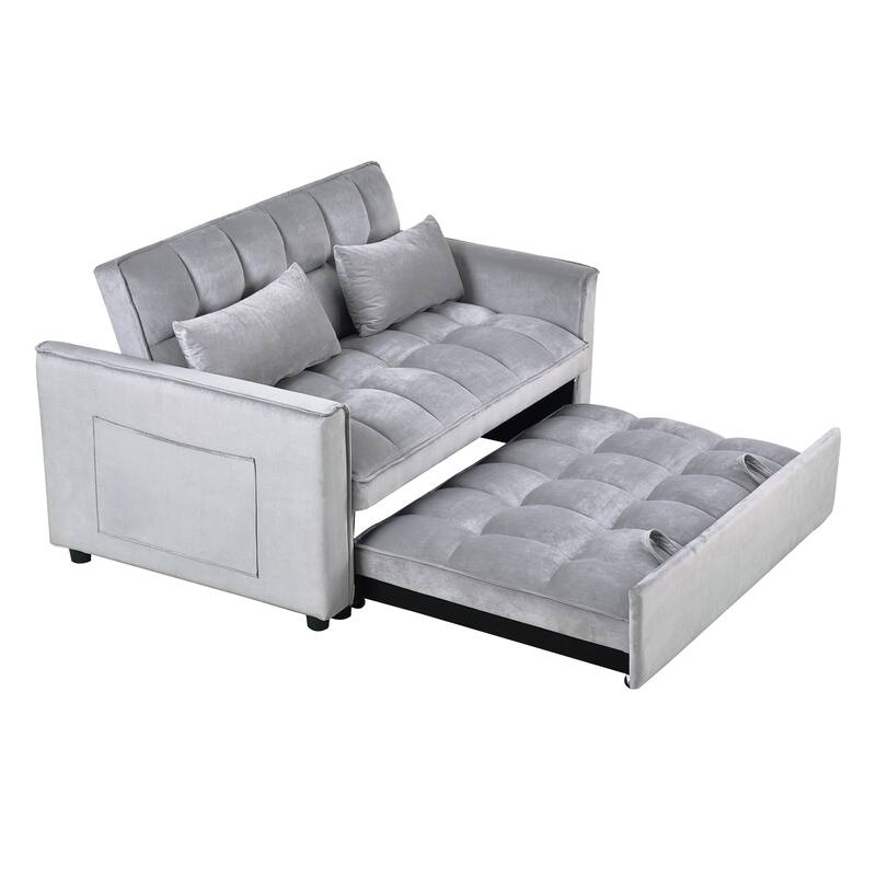Anmytek Convertible Sleeper Sofa Bed Pull Out Couch Velvet Loveseat Futon with Pillows and Pockets for Living Room Grey