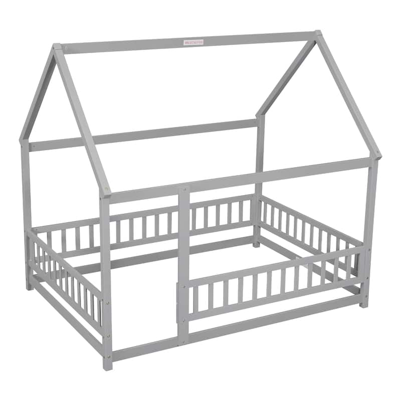 Floor Wooden Bed with House Roof Frame, Fence Guardrails