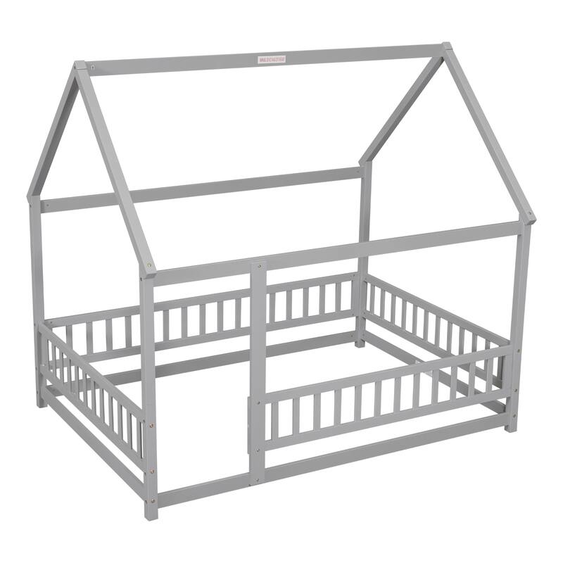 Full Size Wooden Floor Bed with House Roof Frame, Fence Guardrails for Kids, Bedroom