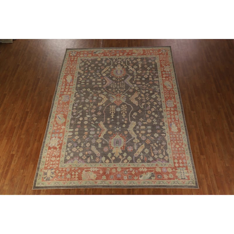 Hand Knotted Oriental 100% Wool Carpet Transitional All-Over Greys & Charcoal Oushak Area Rug - 12' 3'' X 9' 4''