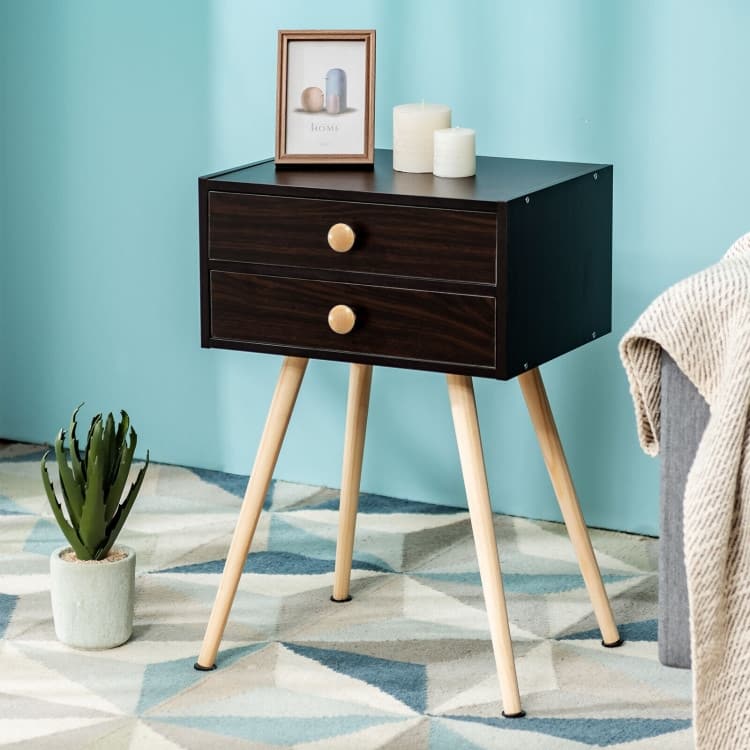 Mid Century Modern 2 Drawers Nightstand in Brown