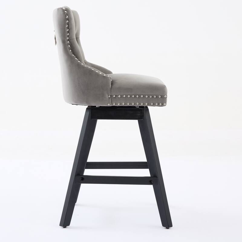 Set of 2 Swivel Velvet Bar Stools with Button Tufting, Wood Legs & Chrome Nailhead Trim - Gray