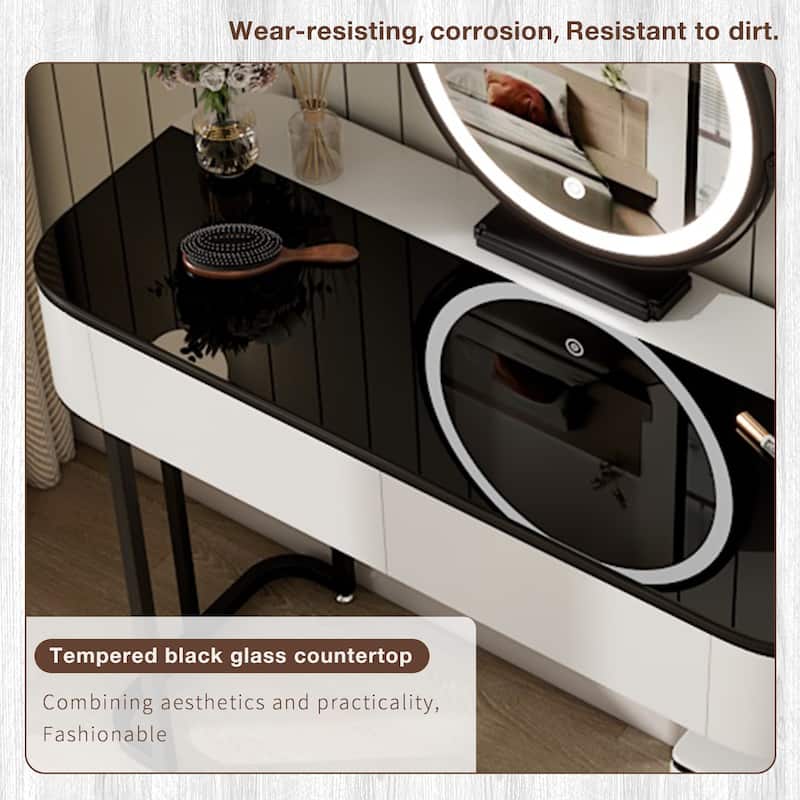 Modern Vanity Table with Tempered Glass Top, Adjustable Height Legs, Multi-functional Storage Cabinet and Round Mirror