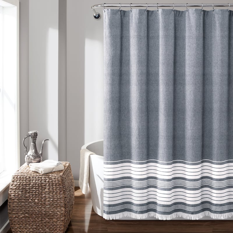 Lush Decor Nantucket Yarn Dyed Cotton Tassel Fringe Shower Curtain - Navy
