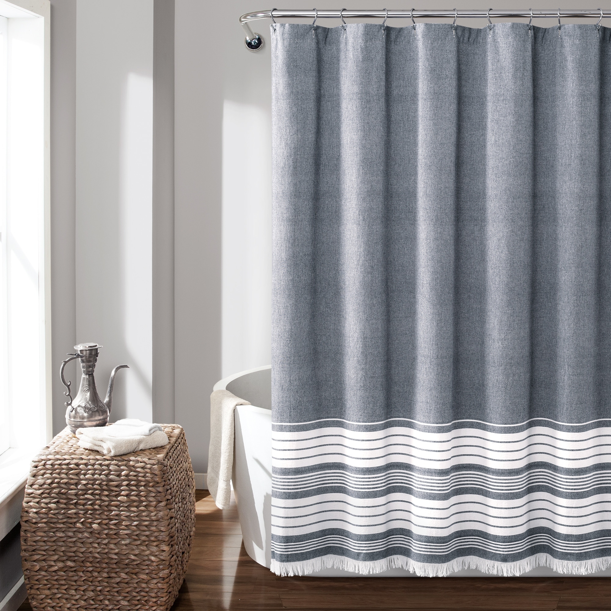Lush Decor Nantucket Yarn Dyed Cotton Tassel Fringe Shower Curtain