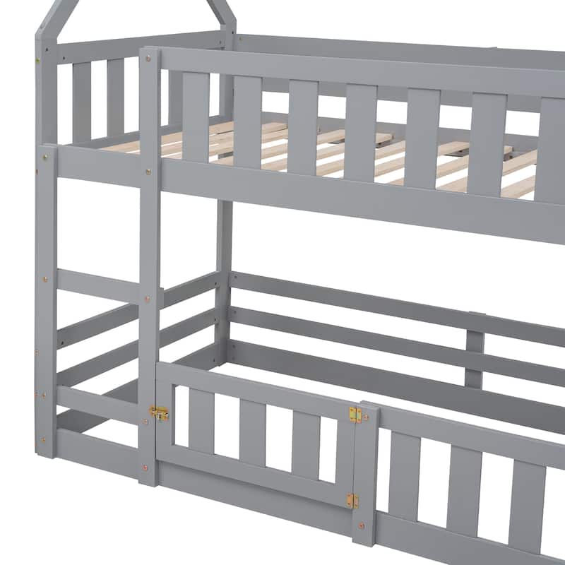 Solid Wood Twin House Bunk Bed with Fence