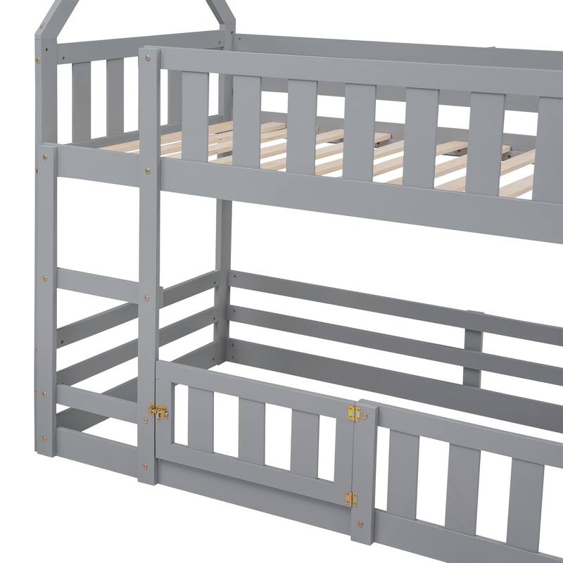 Twin Size House Bunk Bed with Sky Roof, Fence Guardrails, and Door - Solid Pine Wood Construction for Safety