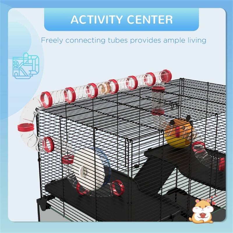 Black-Transparent Tempered Glass Hamster Cage with Steel Frame and Accessories - 31" L x 19" W x 22.4" H