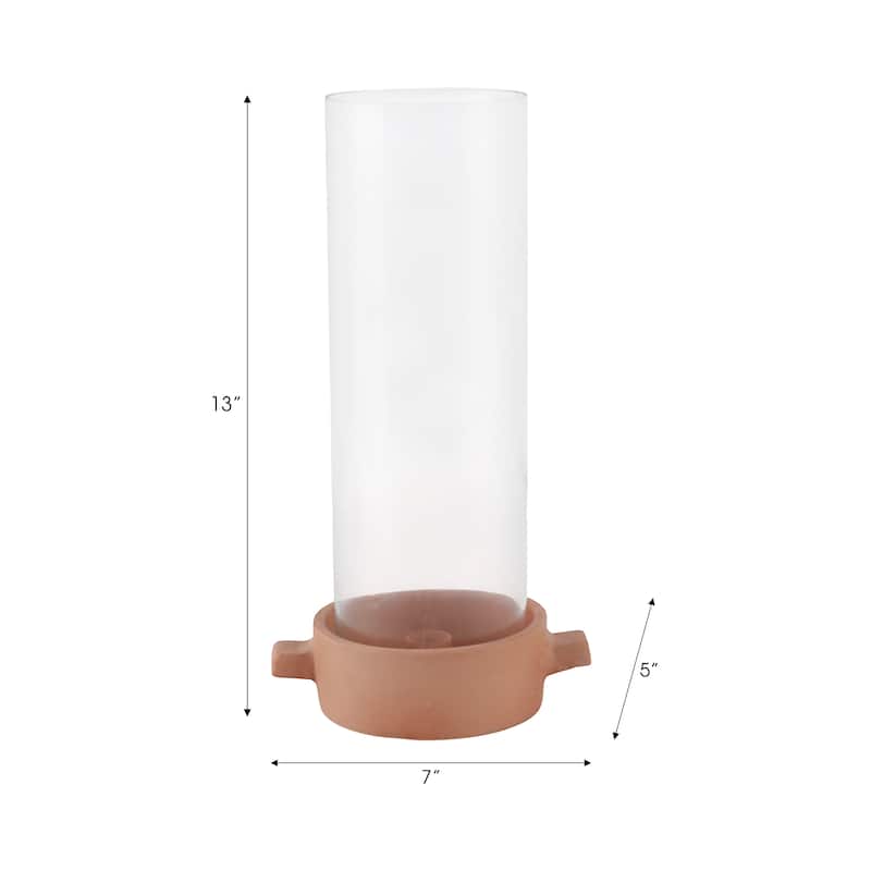 Pottery Glass Pillar and Taper Holder Rustic Base and Hurricane Sleeve - 7" x 5" x 13"