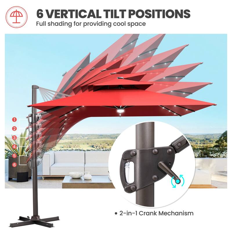 9 x 11 FT Outdoor LED Lighted Patio Cantilever Umbrella with 4-Piece Fillable Weighted Base