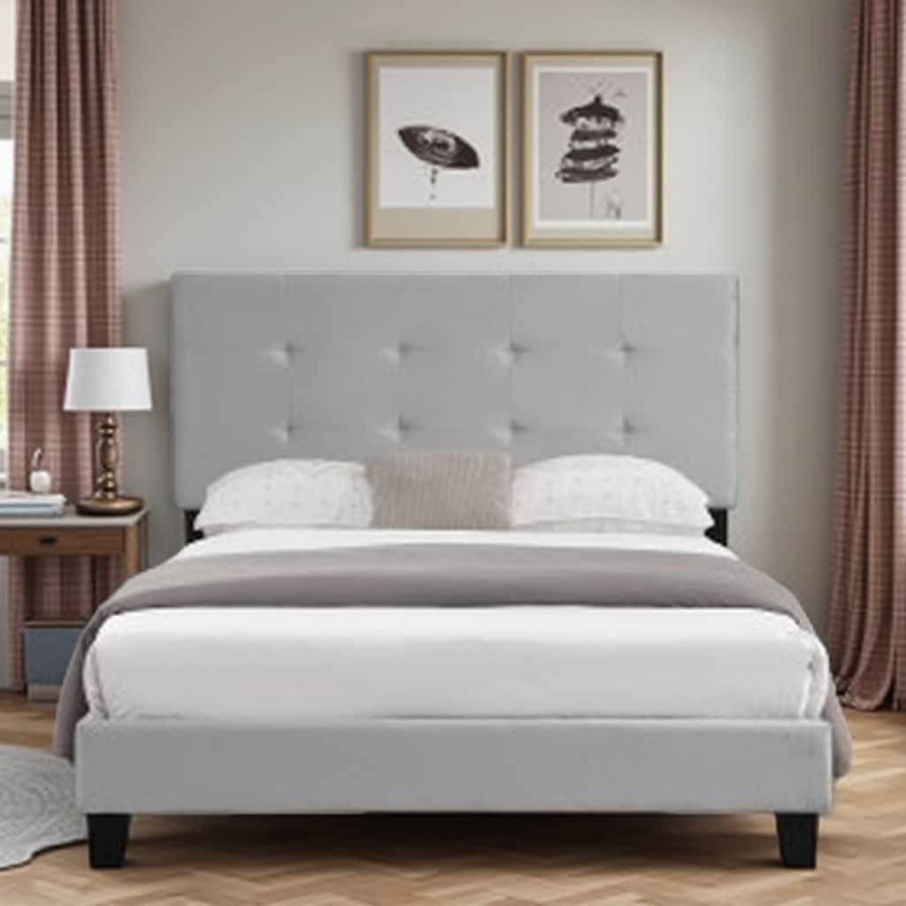 Modern Queen Upholstered Bed Frame with Tufted Headboard, Sturdy Wood Slats, No Box Spring Required, Easy Assembly