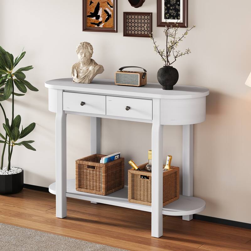 Retro Elegant Console Table with 2 Drawers and Open Lower Shelf, for Entryways, Living Rooms and Hallways - White