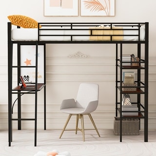 Twin Loft Metal Bed Frame with 3 Layers of Shelves & Desk, Whiteboard
