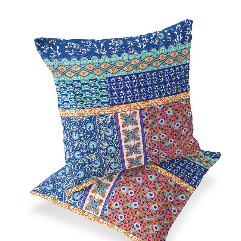 HomeRoots Set of Two 16" X 16" Blue and Orange Blown Seam Floral Indoor Outdoor Throw Pillow - 16.00' X '16.00' X '5.00