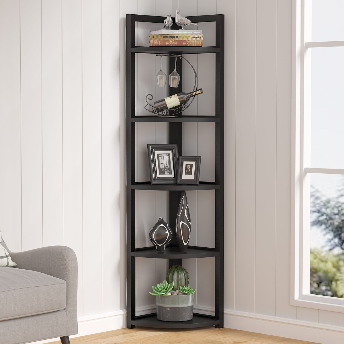 Becko Corner Shelf 5 Tier Industrial Corner Bookcase Plant Stand Storage Rack Display Rack for Home Office Rustic Brown 