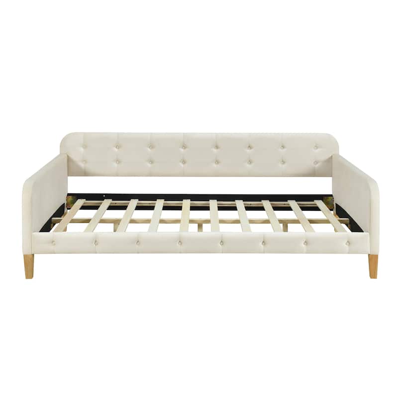 Twin Size Velvet Upholstered Daybed with Slatted and 4 Wooden Support Legs, Button Backrest Platform Bed Frame