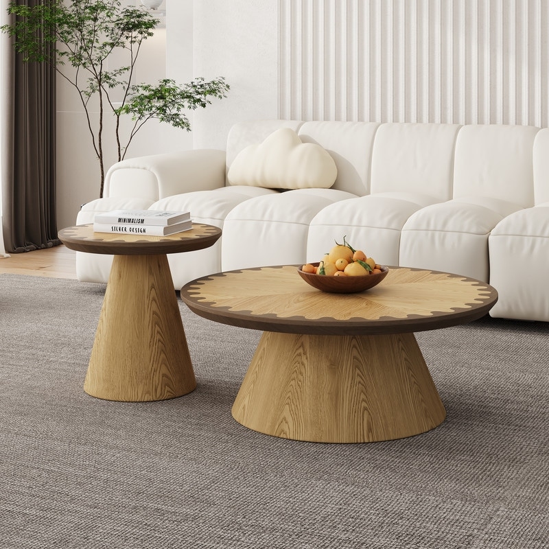 Modern 2-Piece Nesting Coffee Table Set, Round Wood Tables with Cone Base, No Assembly Needed