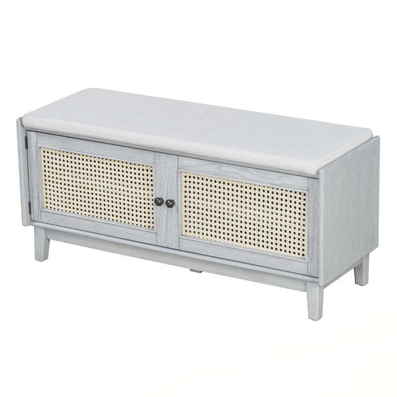 Rattan Entryway Bench with Storage, Cushioned Shoe Bench with Double Doors