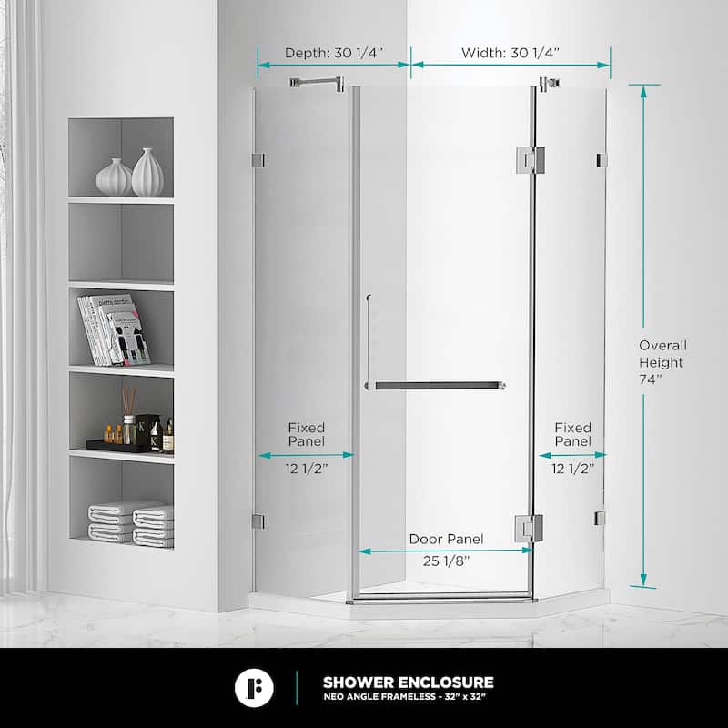 Neo Angle, Acrylic Shower Base with Compatible Glass Frameless Shower Enclosure